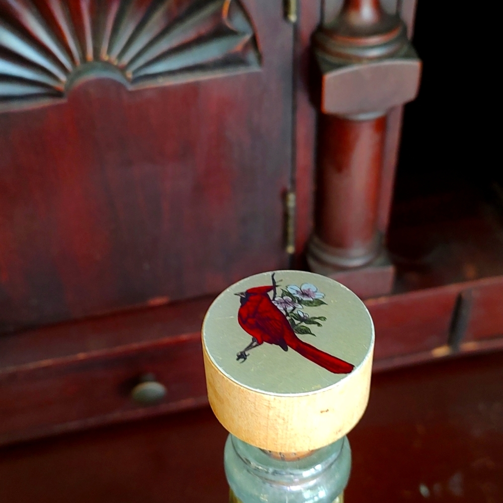 Vintage Wooden & Cork Painted Wine Bottle Stopper. Cardinal with Flowers